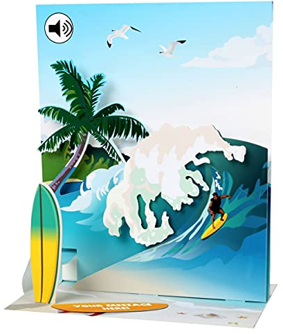 SOUND Pop Up 3D Karte Geburtstag Urlaub, Surfer, Sport, Beach 18x13cm