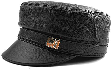 MHGLOVES Erwachsene Echte Leder Fiddler Mütze Flach Top Maciejówka Breton Style Mariner Es Cap,Unisex Leder Mütze Gatsby Newsboy Military Armee Kappe Baskenmütze Für Damen Und Herren(1 Stück),60cm