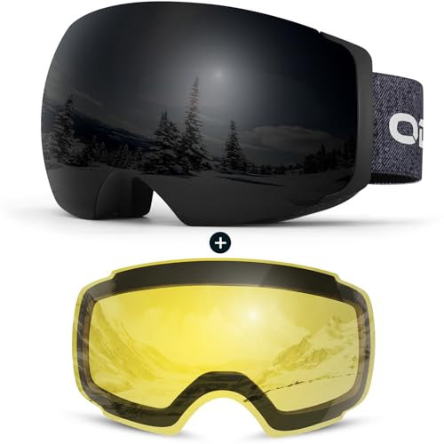 Odoland Skibrille Unisex für Damen und Herren Jungen Rahmenlose Snowboardbrille mit Magnetische Wechselglas UV-Schutz Anti-Nebel Schneebrille Helmkompatible Ski Goggles zum Skifahren Schwarz