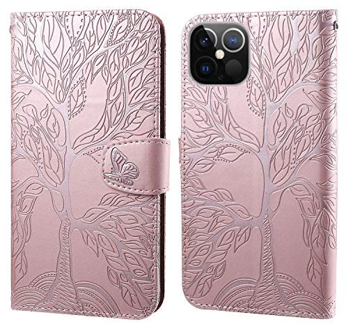 Aisenth for iPhone 12 Pro Max Flip Case, The Tree of Life Embossed PU Leather Wallet Phone Folio Case Magnetic Protective Cover with Stand function, Card Slots with Wrist Strap (Rose Gold)