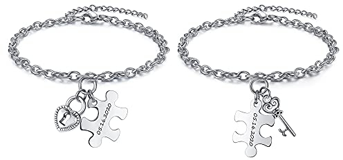 JSDDE Personalisierte Gravur Pärchen Armbänder mit Puzzle Anhänger Armkette Charms Partnerarmbänder Freundschaftsarmband für Liebhaber Schwestern Freunde