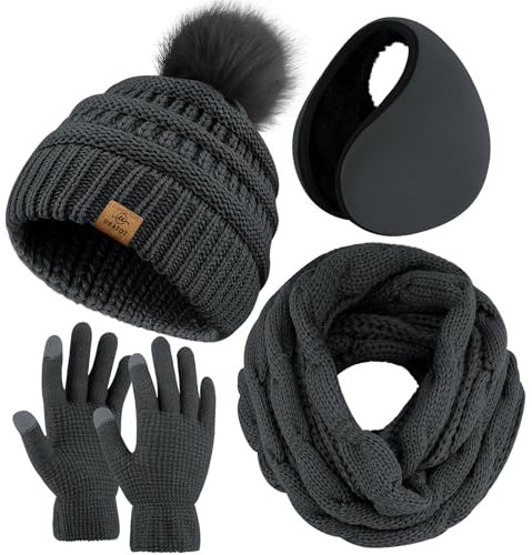 URATOT Winter-Set mit Strickschal, Pompon-Mütze, Touchscreen-Handschuhe und Ohrenwärmern, warmes Set für Damen und Herren, grau dunkel, Medium