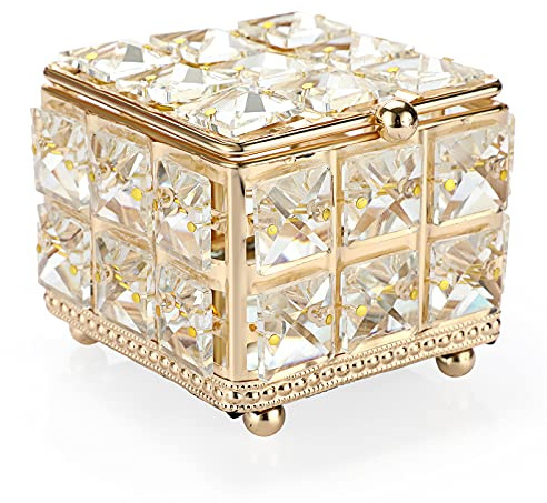 ELLDOO Joyero de cristal cuadrado con tapa, aretes, anillos, caja de recuerdo del tesoro vintage para San Valentín, boda, tocador, decoración de dormitorio, dorado