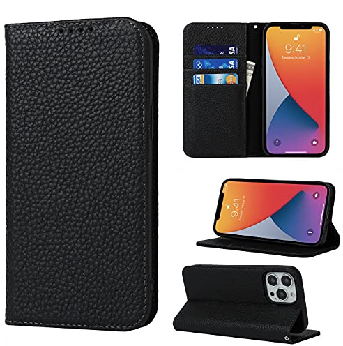 Copmob Phone Case iPhone 13 Pro Max,Flip Genuine Leather Wallet Case,[4 Slots][Magnetic closure][With Lanyard],Protective Cover Case for iPhone 13 Pro Max - Black