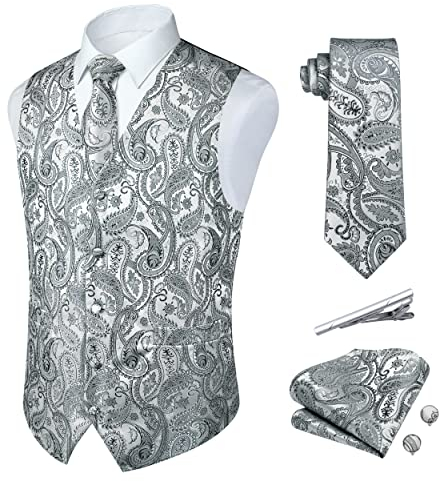 Rithern Chaleco Hombres Gris Paisley Floral Corbata de seda Bolsillo Pañuelo cuadrado Conjunto con gemelos y Clip de corbata Conjunto para boda Fiesta Traje de negocios Conjunto de chaleco 2XL