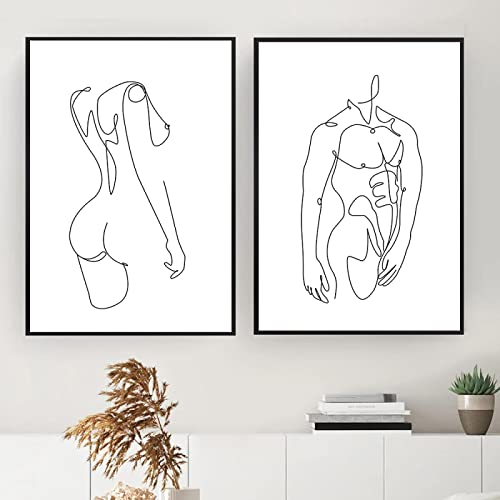 Abstrakte Frau und Mann Körper One Line Leinwand Gemälde minimalistische Kunst Poster und Drucke Wandkunst Bild für Heimdekoration – 18 x 26 Zoll (45 x 65 cm) x 2 rahmenlos