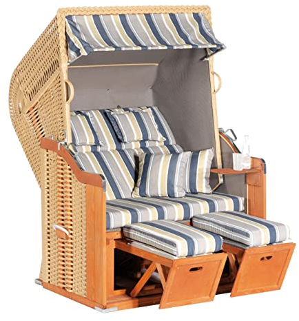 Sonnenpartner SunnySmart Garten-Strandkorb Rustikal 255 Plus 2-Sitzer beige/Taupe/blau mit Kissen