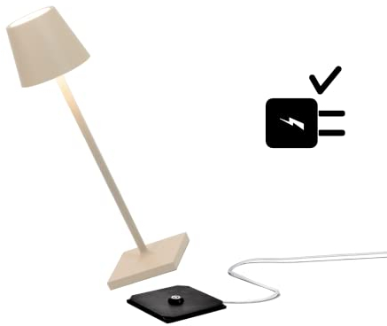 Zafferano Poldina Pro Micro Kabellose LED-Tischlampe Wiederaufladbar 2200-2700-3000K, IP65 Innen/Außeneinsatz, Lange Lebensdauer, Aluminium, H27.5cm mit Mehrfach-USB-Ladegerät (EU/UK/US) - Sand