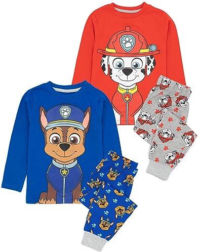 Paw Patrol Pyjamas Kids 2 Pack | Boys Girls Blue Chase And Red Marshall Pjs Sets | Long Sleeve T-Shirt With Long Bottoms | Children TV Series Merchandise