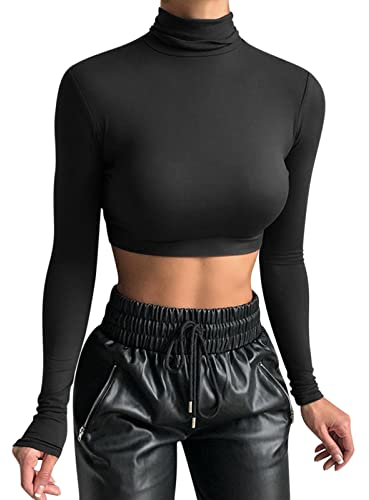 Crop Top Damen Langarm Rollkragen Pullover Sexy Basic Cropped Tops Slim Fit Komfort T Shirt Langarmshirt Rollkragenpulli Lässig Sport Oberteile Tunika Top Bluse Tee Sweatshirt Sweater Einfarbig