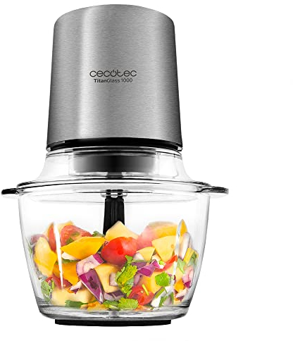 Cecotec Hachoir Électrique pour Viande et Légumes TitanGlass. 400 W, 4 Lames en Titane, Bol en Verre de 1 L, Peut Broyer de la Glace, Lames Démontables et Réglables en Hauteur