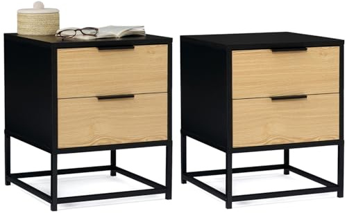 IDMarket Nevada - Juego de 2 mesitas de noche (2 cajones, color negro y madera, diseño industrial