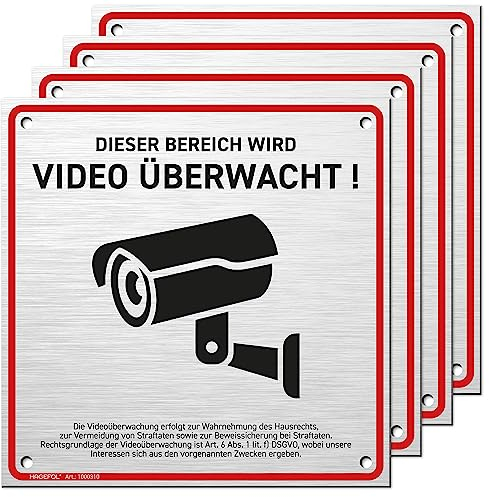 HAGEFOL® Schild Videoüberwachung, 4er Set, (15x15 cm - klein) mit DSGVO Hinweis, inkl. 4 Bohrlöcher, Kamera Warnhinweis für Überwachungskamera oder Kamera Attrappe (Aluminium gebürstet)