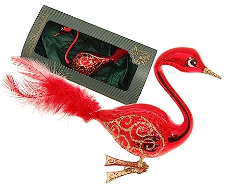Krebs Glas Lauscha - Weihnachtsbaumdekoration - Glas-Schwan - Farbe: Rot - Größe: 9 cm + 5 cm Echtfeder