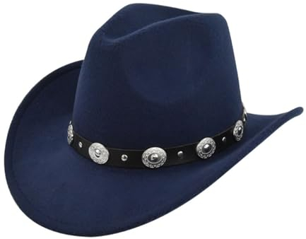 HIQIU Vintage Classisch Cowboyhut Damen Herren,Westernhut Filzhut breite Krempe Gürtelschnalle Dekor Panama Fedora Hut (Dunkelblau)