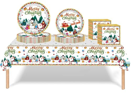 53Pcs Christmas Party Tableware Decorations,Merry Christmas Tree Snowman Tableware Set Party Table Cloth,7inch 9inch Paper Plates,Paper Napkins for Xmas Disposable Dinnerware,Picnic party Supplier
