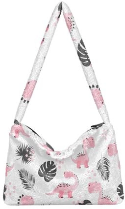 Rosa Cartoon Dinosaurier Schulter Tote Taschen für Frauen Furry Crossbody Tasche Hobo Handtasche Geldbörsen für Reisen College Arbeit, Rosa Cartoon Dinosaurier, Einheitsgröße