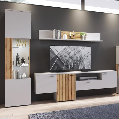 Wohnwand Wohnmöbel Set grau mit Eiche 3-teilig modern, 1 Lowboard, 1 Wandboard, 1 Vitrine inkl. Beleuchtung