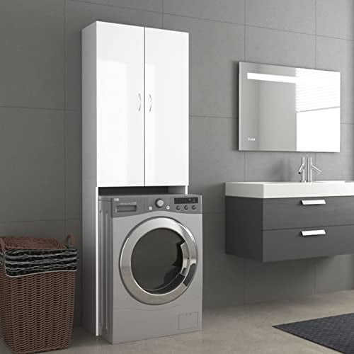 Gecheer Mobile per Lavatrice,2 Ante e 3 Scomparti,Scaffale Sopralavatrice,Scaffale per Lavatrice,Mobile Bagno Salvaspazio,Mobile sopra Lavatrice,Scaffale per WC,Bianco Lucido 64x25,5x190 cm