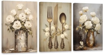 ZXHYWYM 3 Piece Canvas Wall Art for Kitchen Farmhouse Flowers Painting Retro Fork Knife Spoon Pictures Print Kitchenware Artwork for Dining Room Restaurant Framed (A, (40x60cmx3))