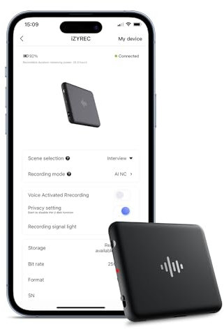 Grabadora de Voz Inteligente de 64 GB, grabadora de Voz iZYREC con aplicación de teléfono, grabación Continua de 30 Horas, Dispositivo de grabación de Audio Ferroso