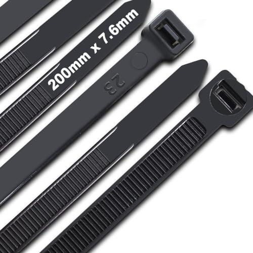 JQKX Kabelbinder 200 mm x 7,6 mm, UV-Beständig ultra starke Kabelbinder mit 70 kg Zugfestigkeit, Schwarz, Nylon, 100 Stück