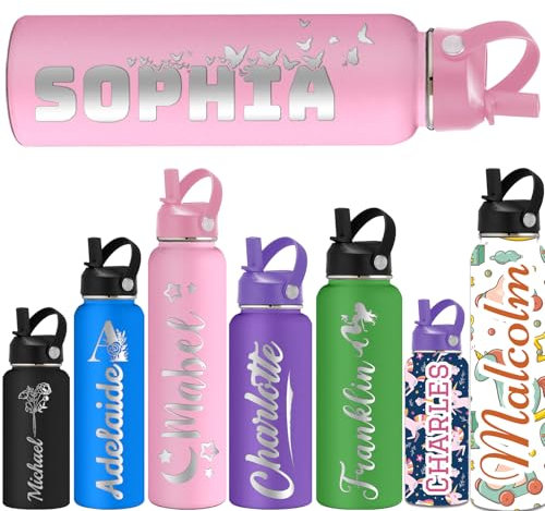 ShAxzHen Personalised Water Bottles for Kids with Straw Lid 40/32/24/18/12oz Custom Insulated Water Bottle Stainless Steel with Name Logo Customised Engraved Cups for School Sport Gym Name Pink