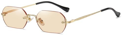 RUNHUIS Retro Randlose Rechteckige Sonnenbrille für Damen Herren Vintage Hexagon getönte Gläser (Gold/Hellbraun)