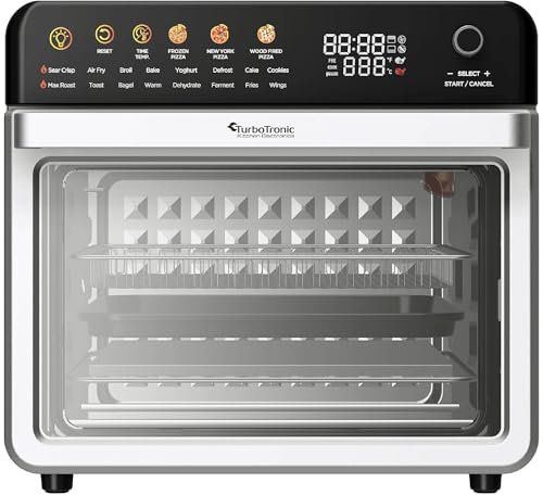 TurboTronic Multi-Smart-Ofen - 16in1 Heißluftofen & Heißluftfritteuse 2200W Power 34L bis 1kg Pommes Backofen mit Dörrfunktion 40-350°C Grill Airfryer Dörrautomat Pizzaofen mit Pizzastein