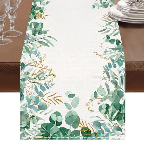 Eukalyptus deko tischläufer grün,tischdeko frühling tischläufer modern,Outdoor tischläufer beige Geeignet für Küche,Bar, Esstisch 186 x 33 cm