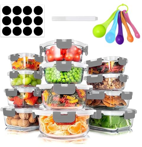 ZhouZGlass Glass Meal Prep Containers with Spoon, Stackable Glass Food Storage Containers with Lids, Airtight Lunch Containers, Microwave, Oven, Freezer and Dishwasher (12 Pcs-Grey)
