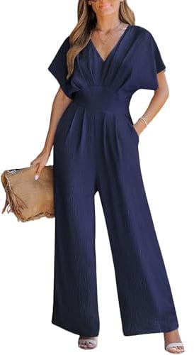 CUPSHE Enterizo de verano para mujer, cuello en V, manga corta Dolman, pierna ancha, traje largo casual para vacaciones