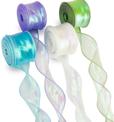 FLEXNOVA Lot de 4 rouleaux de ruban en organza scintillant - 40 mm x 9 m - Blanc, Bleu, Vert, Violet - Ruban cadeau large - Ruban de mariage pour bouquet de fleurs
