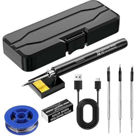 Set di saldatore a batteria, con batteria USB, con LCD, batteria per saldatore con 3 temperature regolabili, 330 ℃-450 ℃, 3 punte di saldatura, supporto per saldatore, filo di saldatura, saldatore