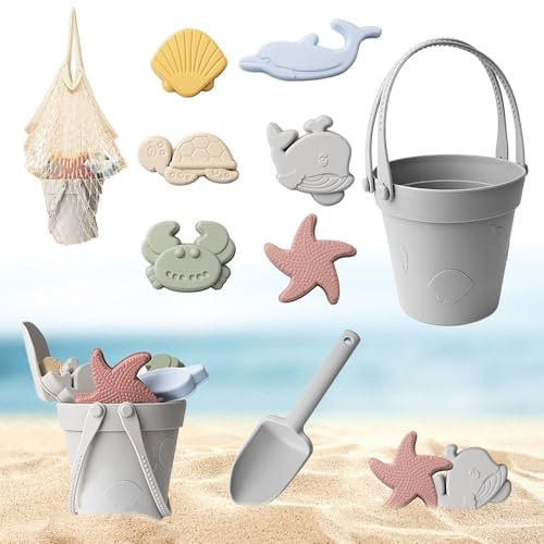 Rppiup 9 Stück Sandspielzeug Silikon, Strandspielzeug Sandspielzeug Set für Kinder, Weich Silikon Sand Spielzeug Set mit Eimer, Netzbeutel, Spaten, Tierformen, Muschel, Seestern für Strand Sandkasten