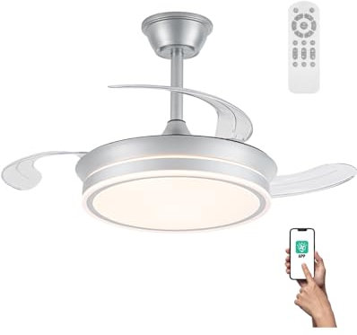 wonderlamp Ventilador LED aspas plegables Miso Mini Evo Plata 46W con Memoria de encendido, Mando a distancia CCT 3000-4000-6000K, Intensidad Regulable, Silencioso