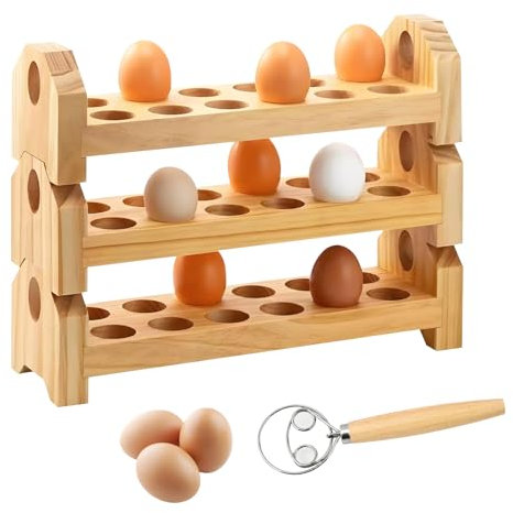 Eierregal 3 Ebenen, Stapelbares Holz Eierhalter EierbehäLter Eier Aufbewahrung Eierkorb mit 24cm Schneebesen GroßEr Kapazität Eierkarton Eier Aufbewahrung KüHlschrank für 36 Eier