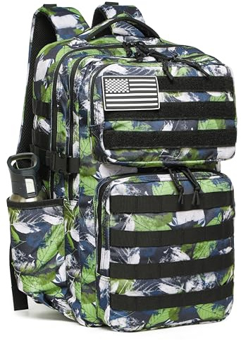 Wotony Mochila Táctica Militar para Hombres Impermeable Mochila de Día Paquete de Asalto de 3 Días Bolsa Molle con Soporte para Botella de Agua, Verde (Green leaves), 35L
