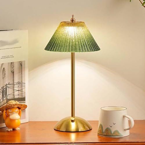 OOWOKS Kabellose Tischlampe Grün Vintage, Glaslampe mit Messingsockel, USB-C Aufladbare Akku LED Tischleuchte Dimmbar per Touch Steuerung – Retro Nachttischlampe für Schlafzimmer