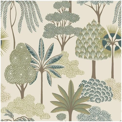 YöL Akiko Green Wallpaper - Foliage Botanical Trees Jungle Leaves - Cream Brown Gold - Washable Paste The Paper - Feature Wall - Bedroom Living Room Dinning Room