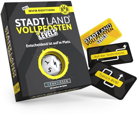 DENKRIESEN Stadt Land VOLLPFOSTEN® Levels – BVB Edition | 60 Karten | ab 12 Jahren | ca. 30 min | 2-6 Spieler | Borussia Dortmund Fan Spiel | Stadt Land Fluss BVB