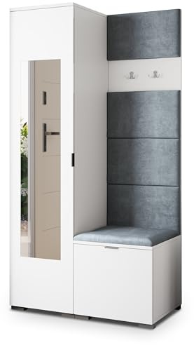 Masseno Flugarderoben Set VIRA, Kleiderschrank-Set mit Spiegel und Sitzbank, Garderobenschrank Flur mit 3 Regalböden, Weiß
