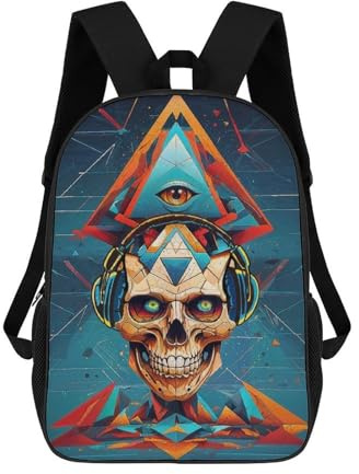 sinyumoney Zaino per bambini 17 pollici stampato 3D, motivo cartone animato Rad Skull Music Headphones, ideale per viaggi, libri e scuola., Music Skull Rad Minds Eye, 17