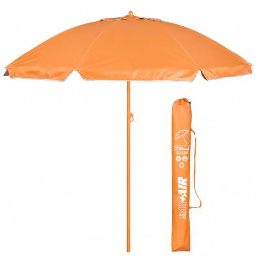 TIENDA EURASIA – Sombrilla Playa Grande Ø 220 cm | UV50+ | Inclinable y Plegable | Revestimiento Plateado | Antiviento | Tejido Oxford | 8 Varillas | Tubo Ajustable 28/32 mm (Naranja)