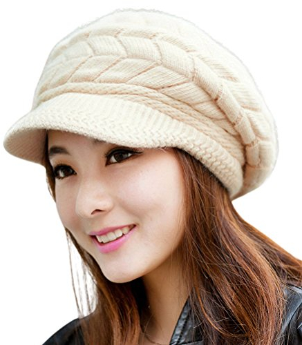 Upspirit Women Winter Warm Knit Hat Wool Snow Ski Caps With Visor-Beige