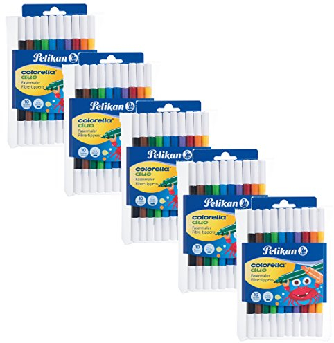 5er Set Pelikan, 5x 10 Fasermaler Colorella Duo (5, 10 Farben Etui)
