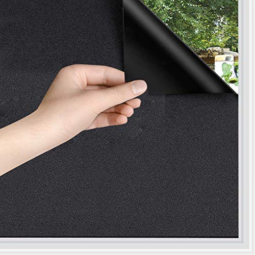 Static Cling Total Blackout Privacy Window Film Cover 100% Light Blocking No Glue Black Window Tint for Home Room Darkening Easy Removal 35.4 Inch x 6.5 Feet