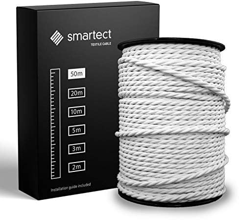 smartect Cavo Elettrico Tessile intrecciato Bianco, 50 Metri Filo Elettrico Vintage, Tripolare (3 x 0.75mm²) Cavo Elettrico Rivestito in Tessuto per Fai da Te