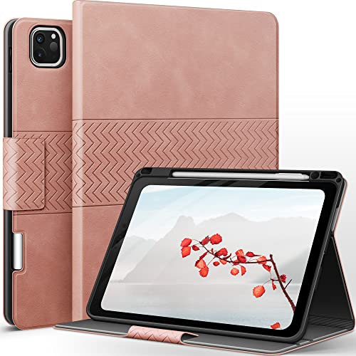 AUAUA Case for iPad Pro 11 Inch 4th/3rd/2nd/1st Generation 2022/2021/2020/2018 with Pencil Holder, Auto Sleep/Wake, Adjustable Angle, Shockproof, PU Leather (Pink)