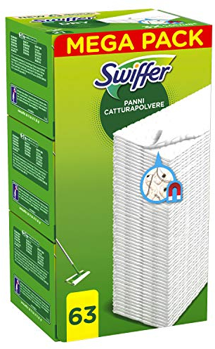 Swiffer Staubtücher, 63 Mikrofasertücher, Trockentücher, Staub- und Schmutzfänger, ideal für alle Arten von Böden und Tierhaaren, Tücher mit 79% recycelten Fasern